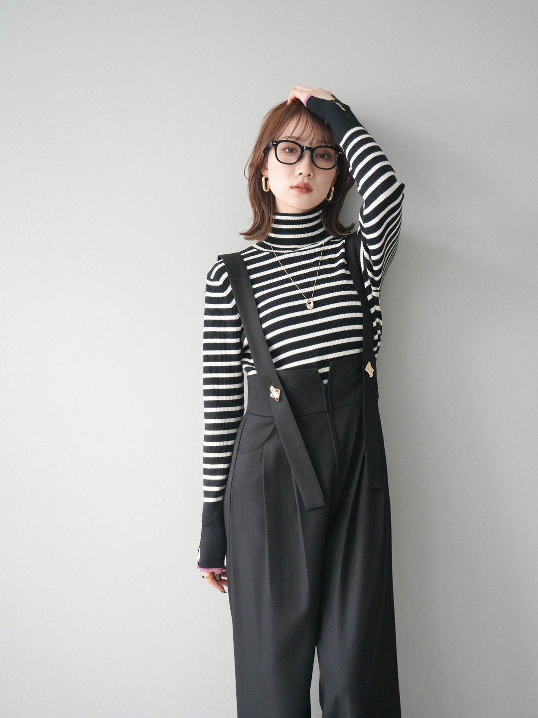 [予約]袖配色ハイネックボーダーリブニットトップス/blackborderpink