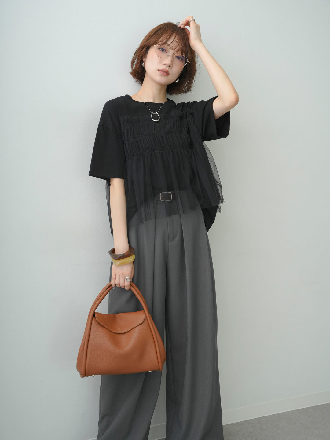 [SET]ギャザーチュールドッキングTEE+ベルトループデザインワイドパンツ(2set)