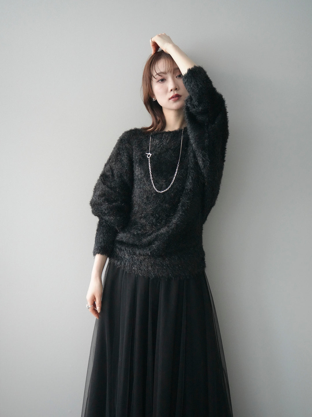 [予約]ラメシャギードルマンニットプルオーバー/black