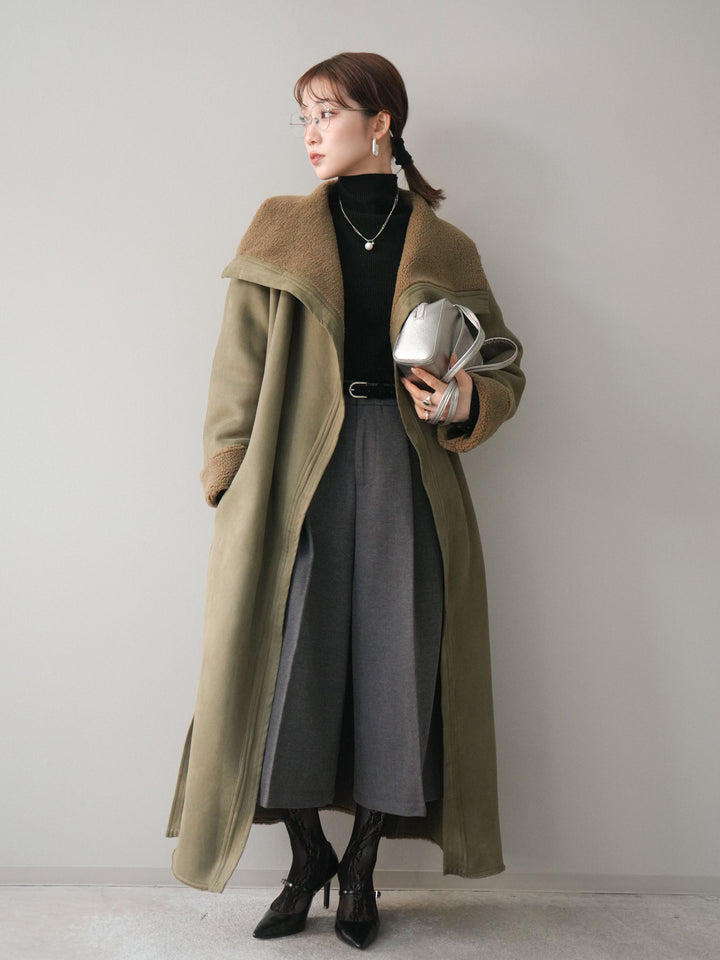 [SET]BIGカラームートンコート+袖ボタンボトルネックリブニットトップス+ベルト付ウールタッチミディアムパンツ(3set)