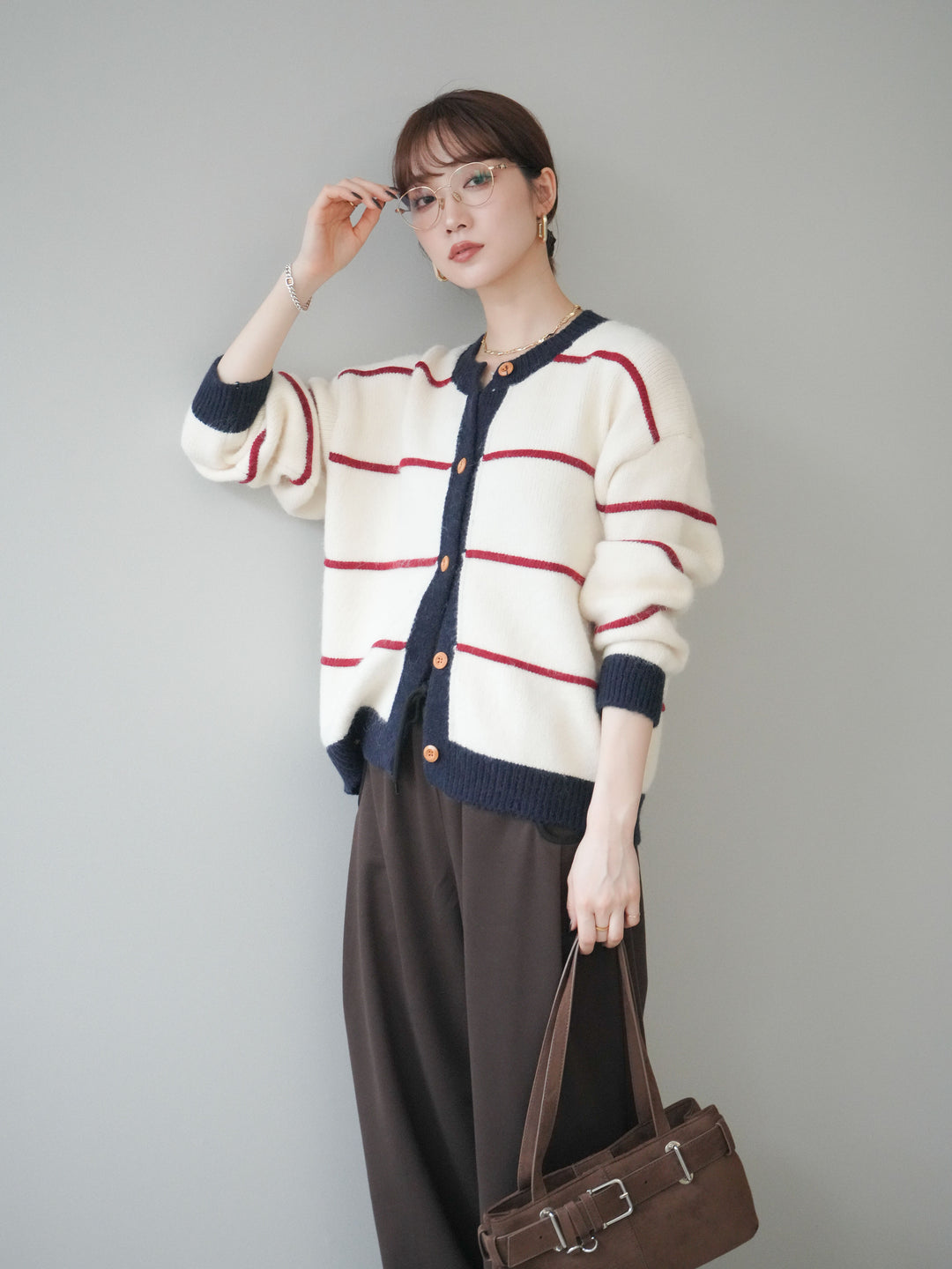 [予約]配色ボーダーニットカーディガン/red