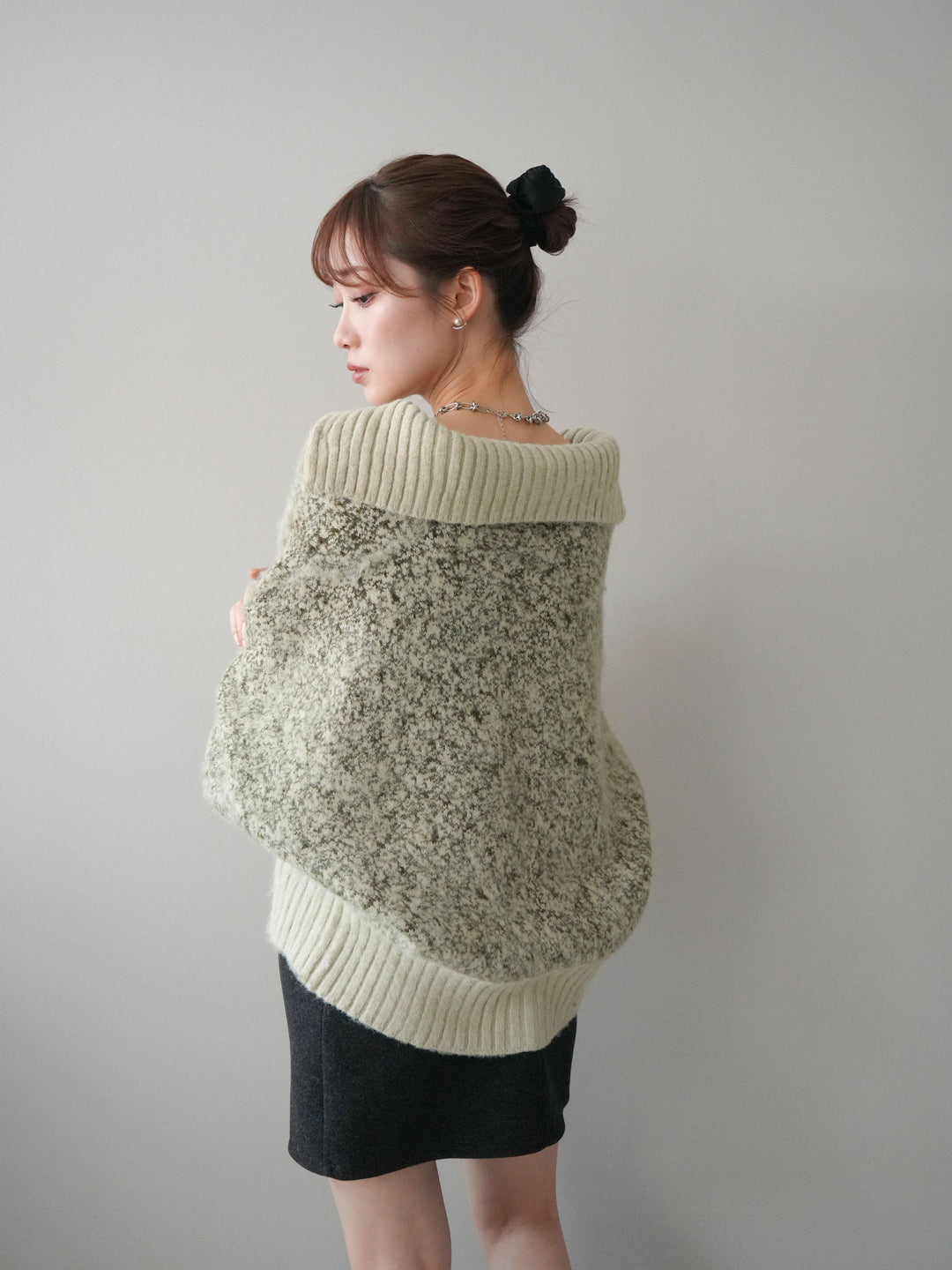 [予約]リブ切替メランジニットカーディガン/green