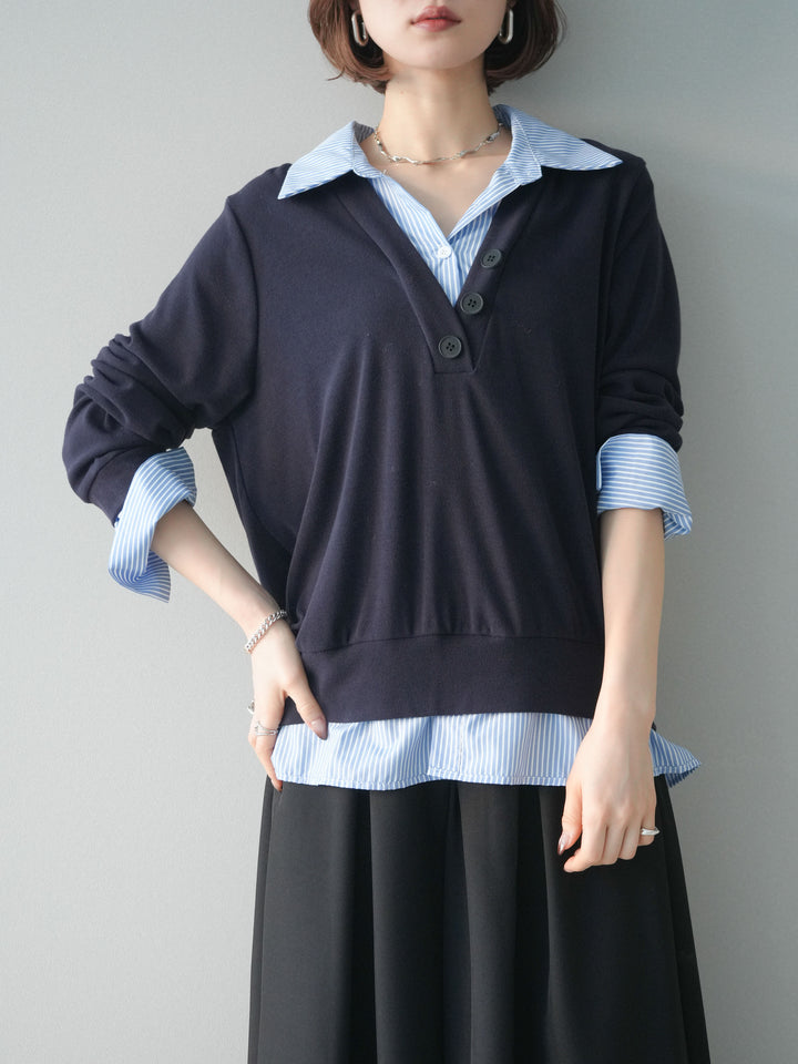 [予約]シャツレイヤードデザインカットプルオーバー/navy