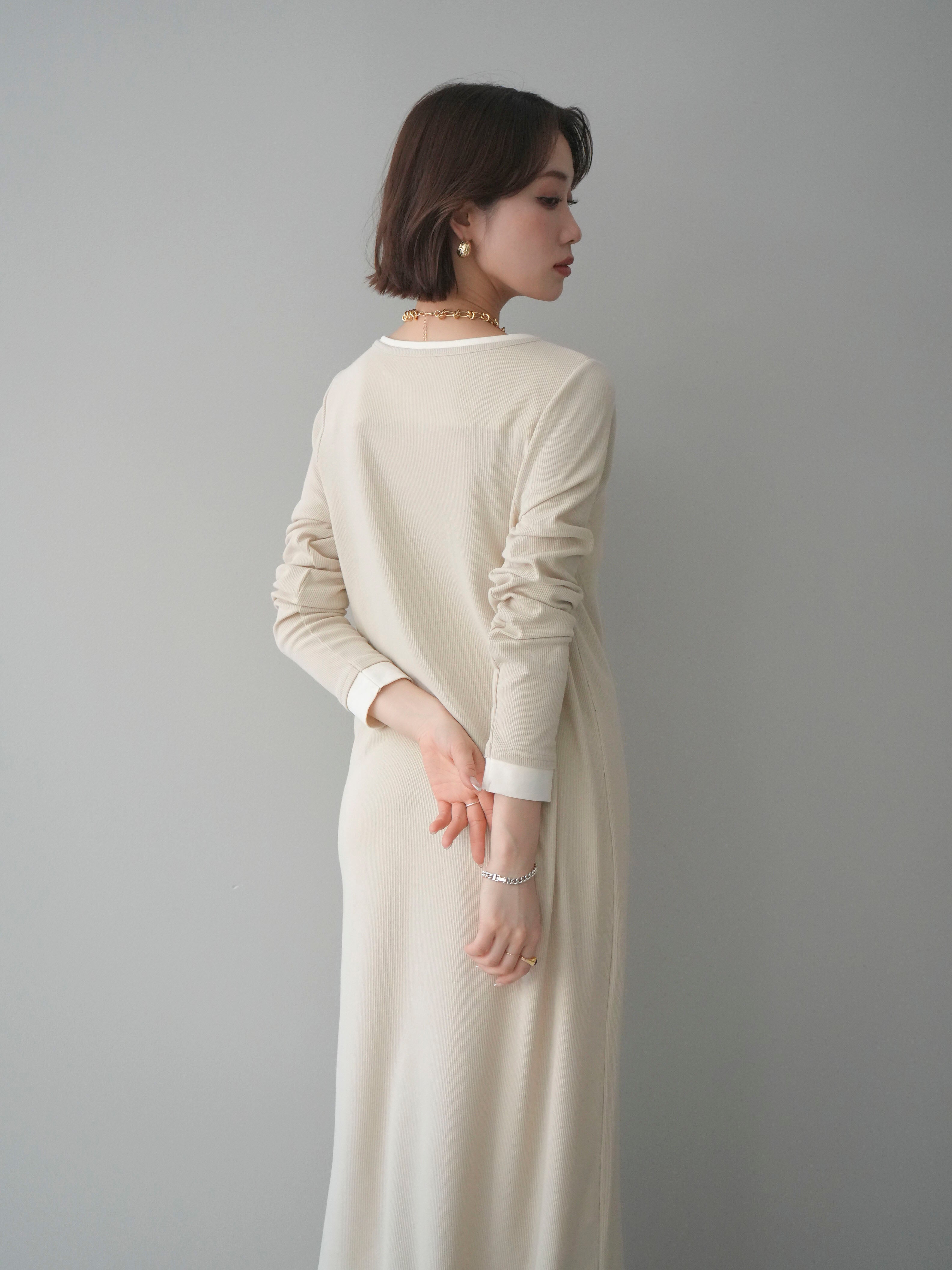 予約]配色レイヤードヘンリーネックカットリブワンピース/ivory – Lumier