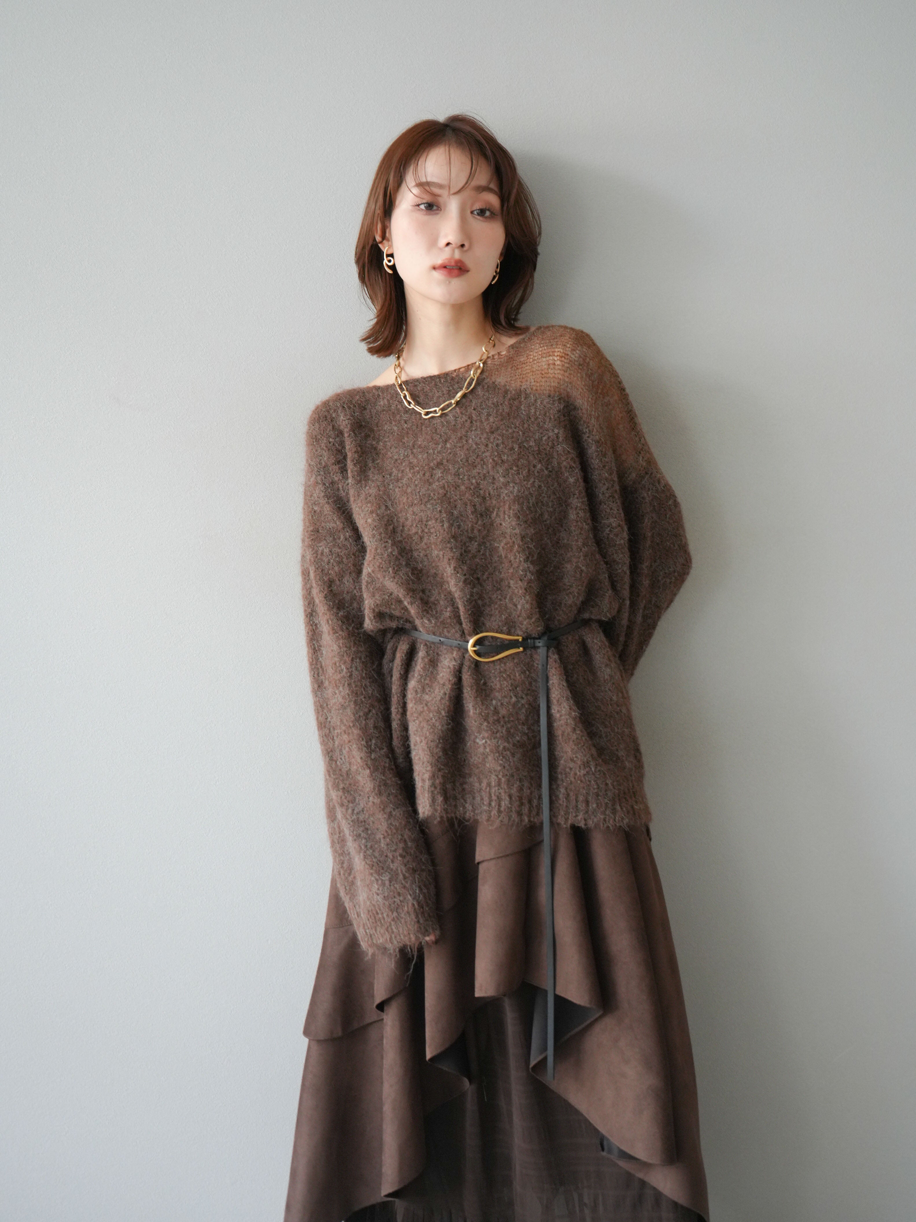 予約]ネック透かし編みニットプルオーバー/ダークブラウン – Lumier