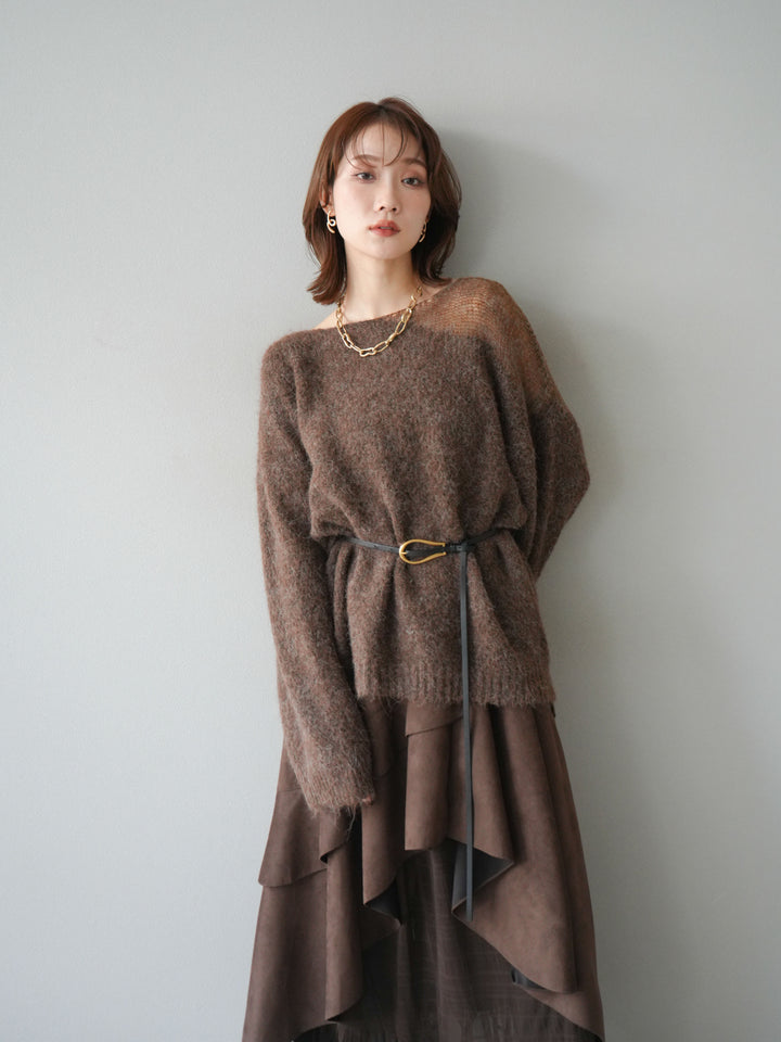[予約]ネック透かし編みニットプルオーバー/ダークブラウン