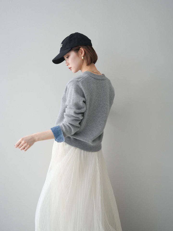 [予約]クルーネックデニムドッキングニットカーディガン/gray