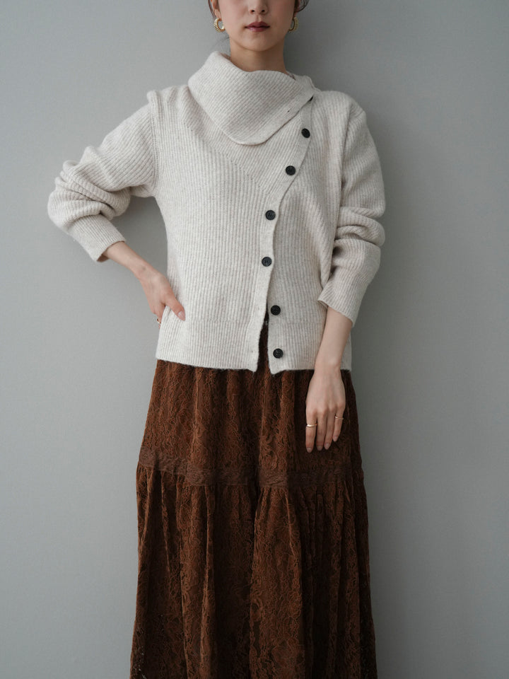 [SET]ハイネックデザインボタンニットカーディガン+起毛レースティアードスカート(2set)