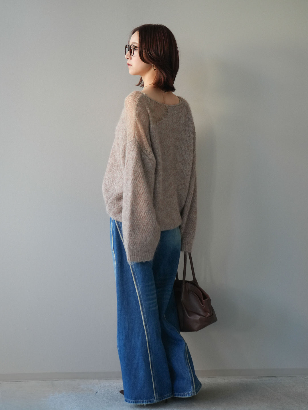 [SET]透かしデザインニットプルオーバー+サイドフリンジワイドデニムパンツ(2set)