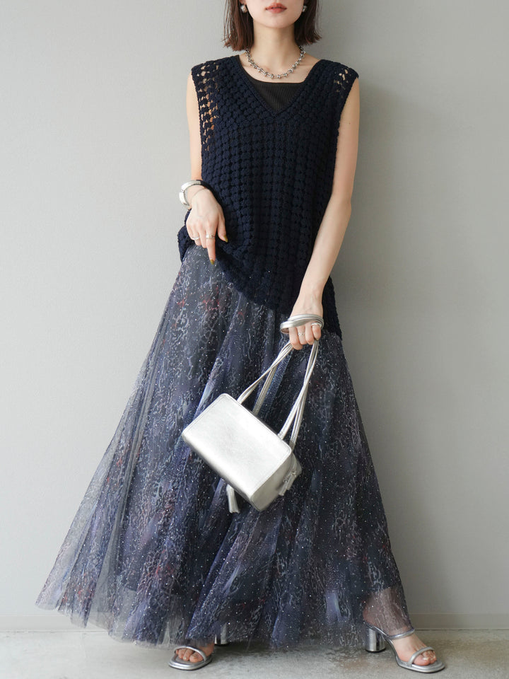 [予約]レースアップクロシェ編みニットベスト/ネイビー