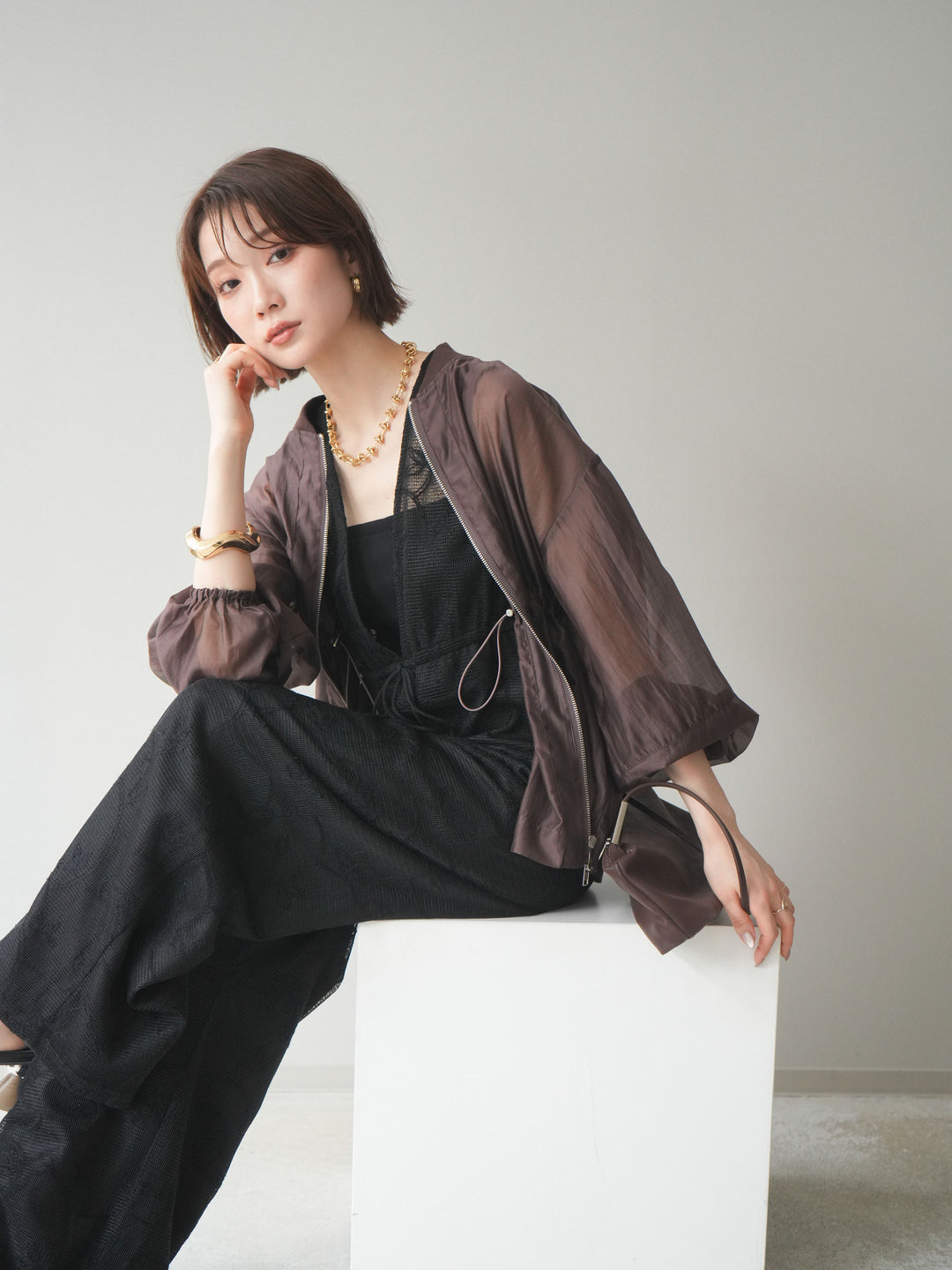 [SET]レース刺繍サロペット+ドロストシアーブルゾン(2set)