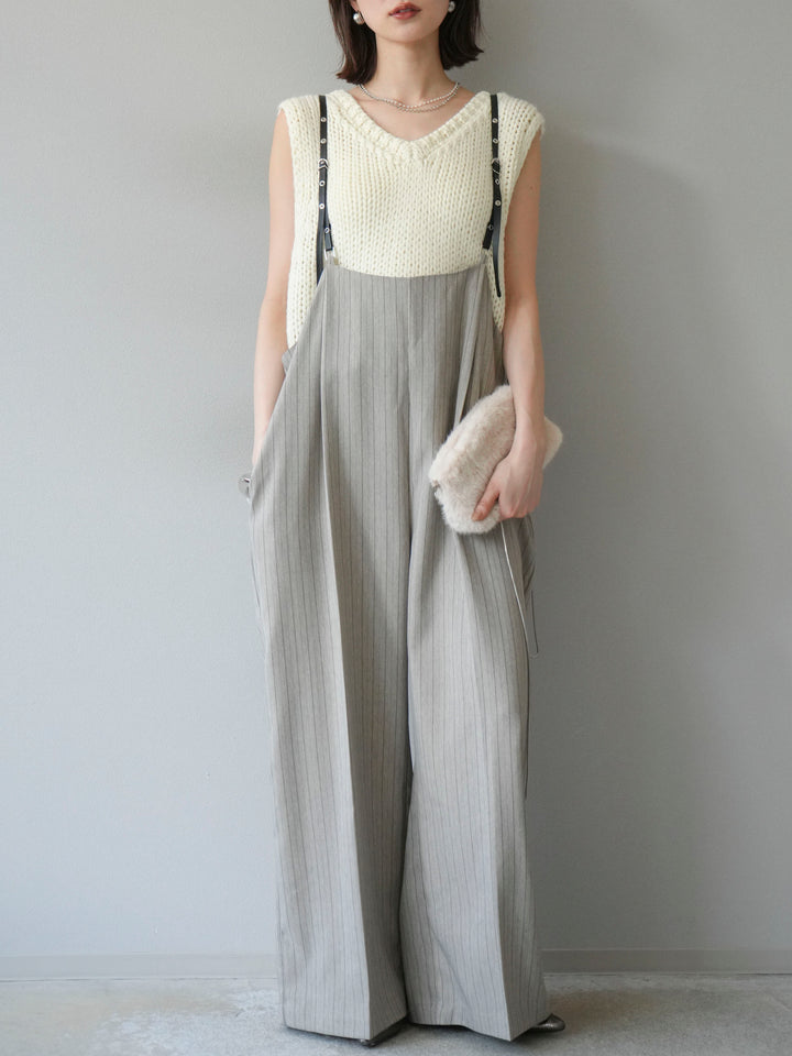 [予約]ヘリンボーンストライプサロペット/グレージュ