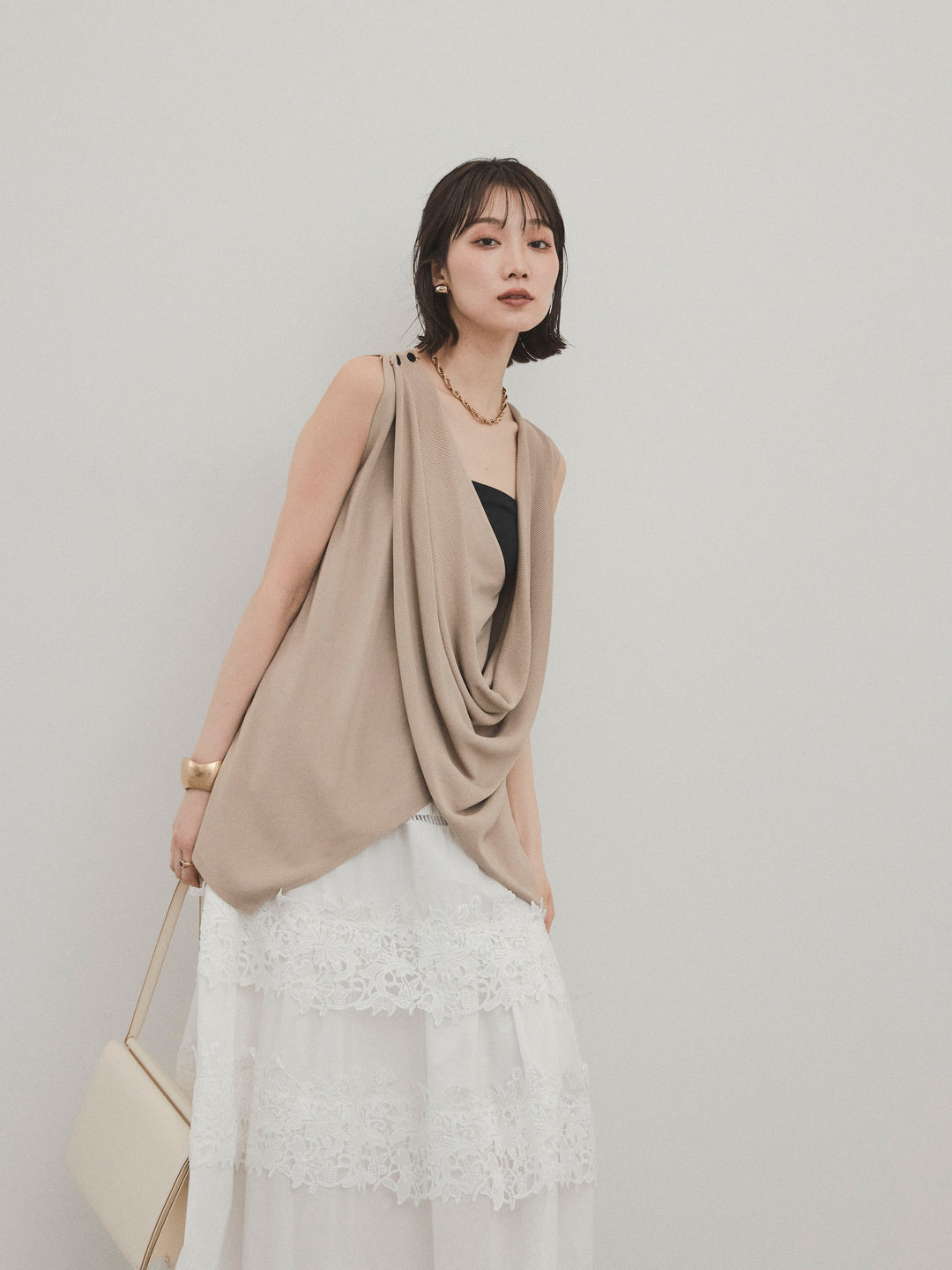 [SET]ドライタッチドレープニットプルオーバー+スカラップレースロングスカート(2set)