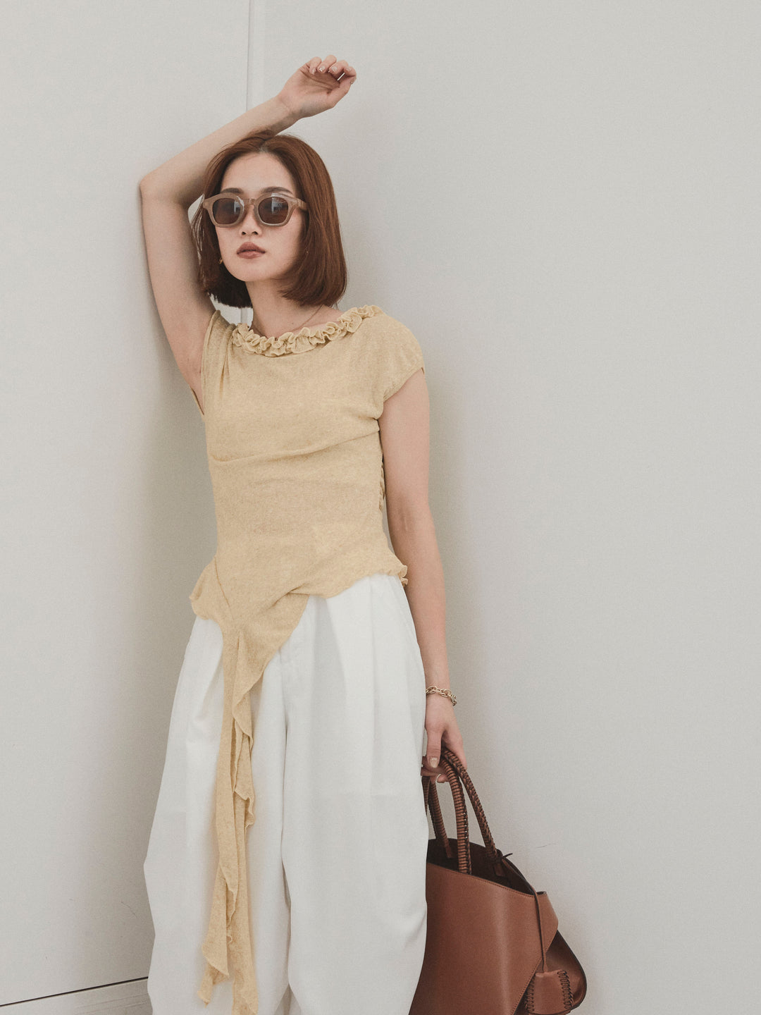 [套裝] 荷葉邊透視針織背心 + 設計環側褶褲 (2 套)