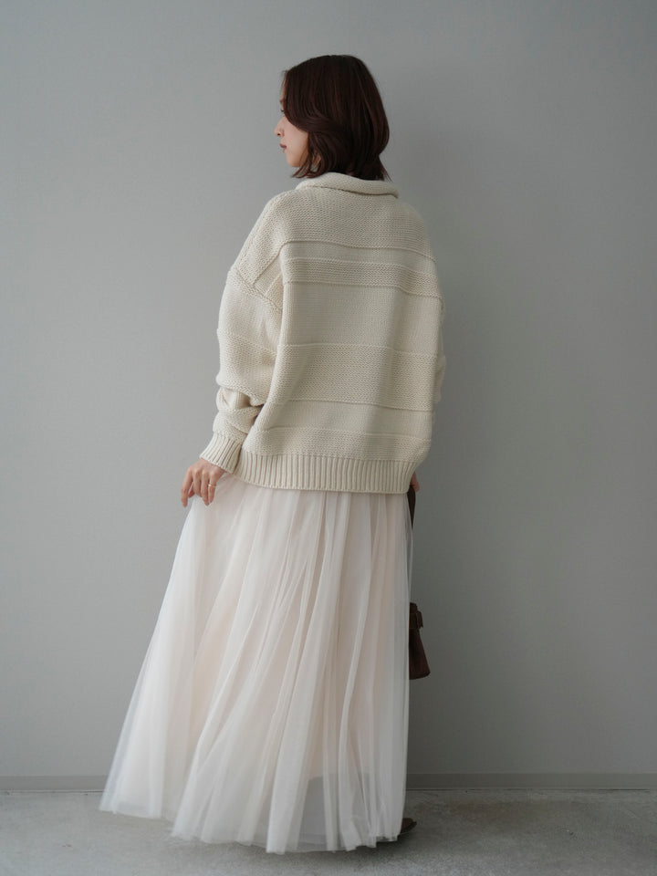 [SET]襟付きボーダー編みニットプルオーバー+チュールボリュームスカート(2set)