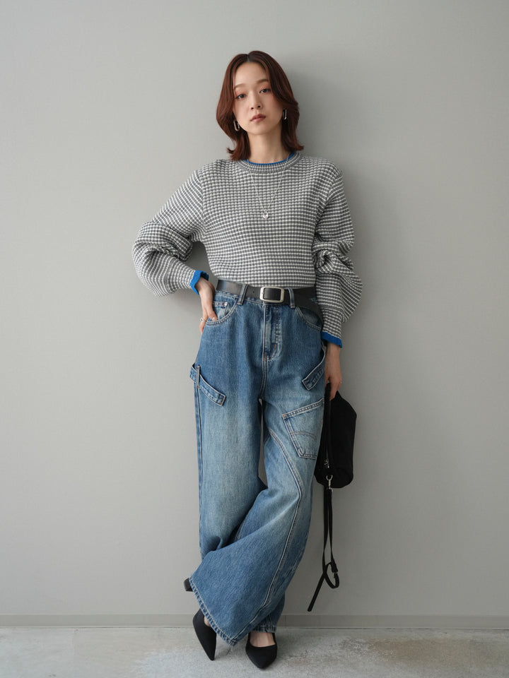 [SET]ラメ異素材ボーダーリブニットプルオーバー+ペインターカーブデニムパンツ(2set)