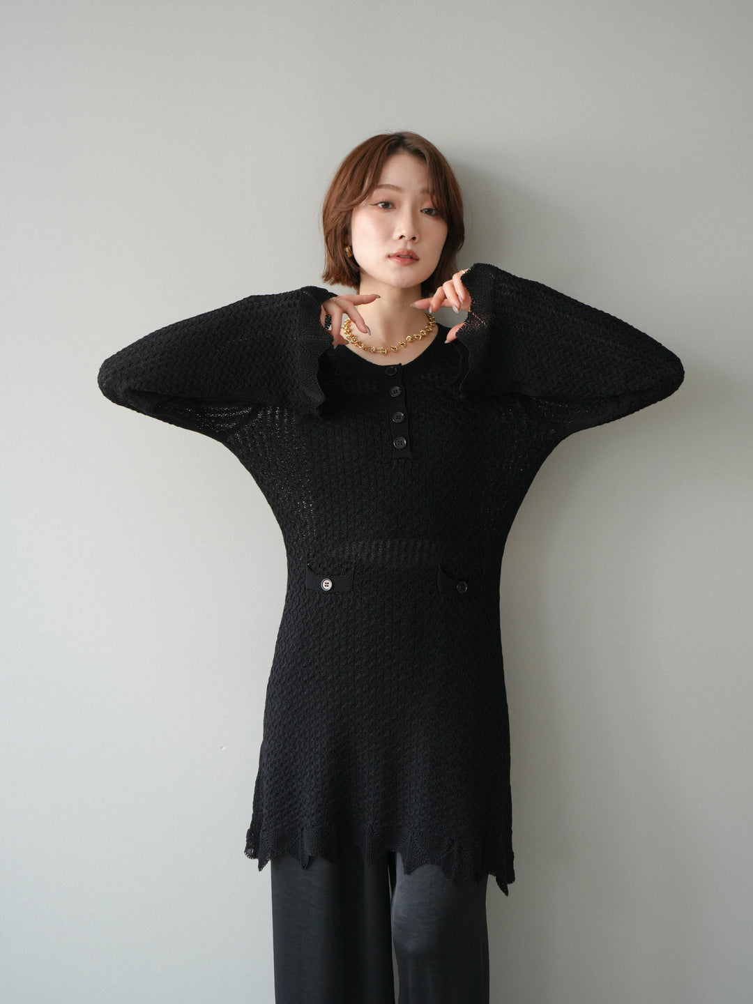 [予約]ヘンリーネックニットチュニック/black