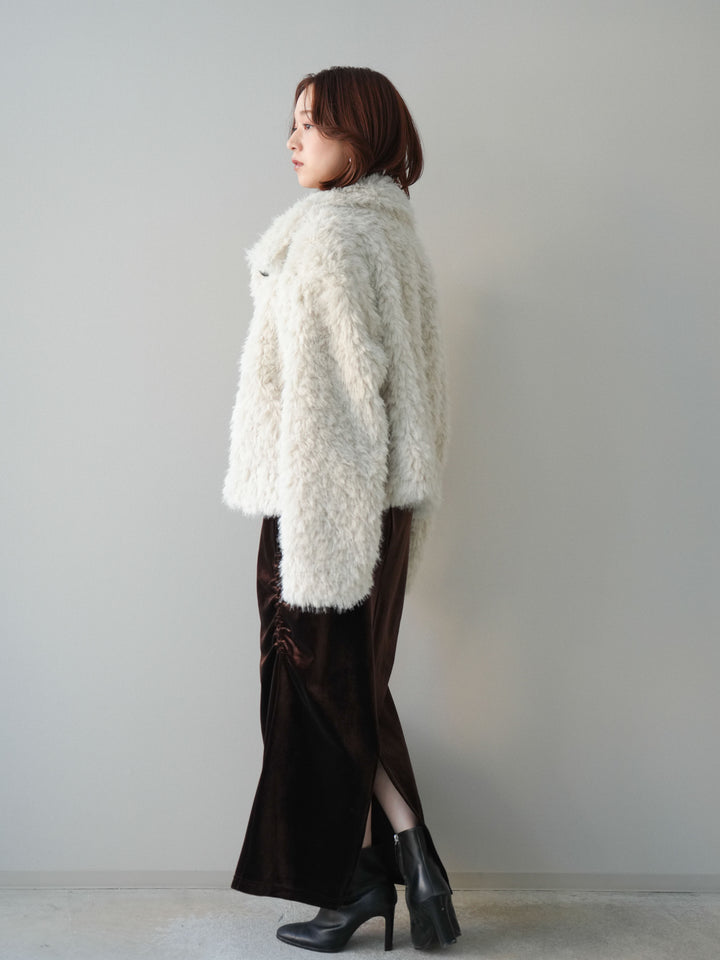 [SET]フェイクファー襟付きショートブルゾン+ギャザーベロアスカート(2set)