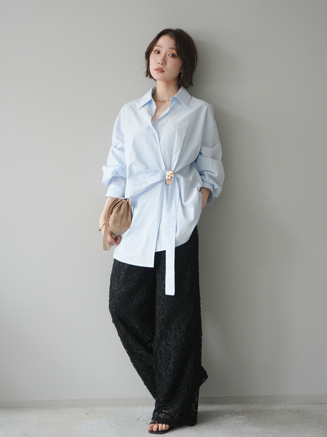 [SET]メタルパーツドレープシャツ+シアーコードレースイージーパンツ(2set)