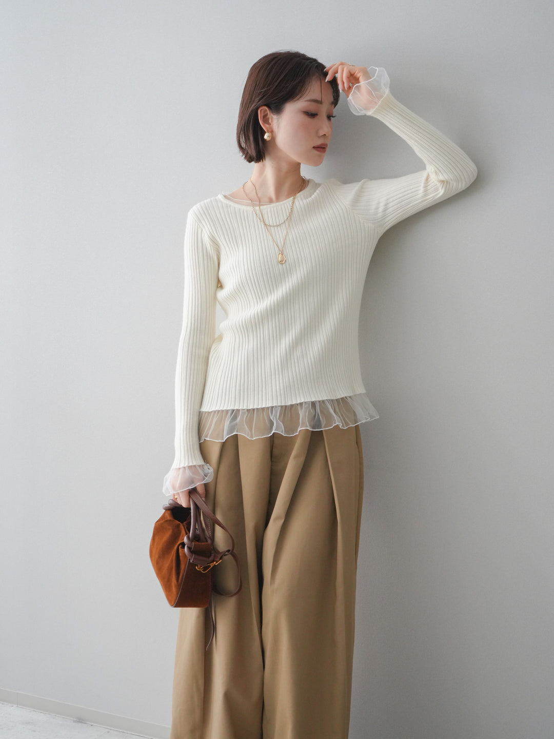 [予約]チュールレイヤードリブニットトップス/ivory