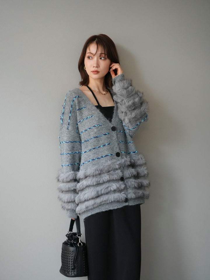 [予約]フェザーライン配色シャギーニットカーディガン/グレー