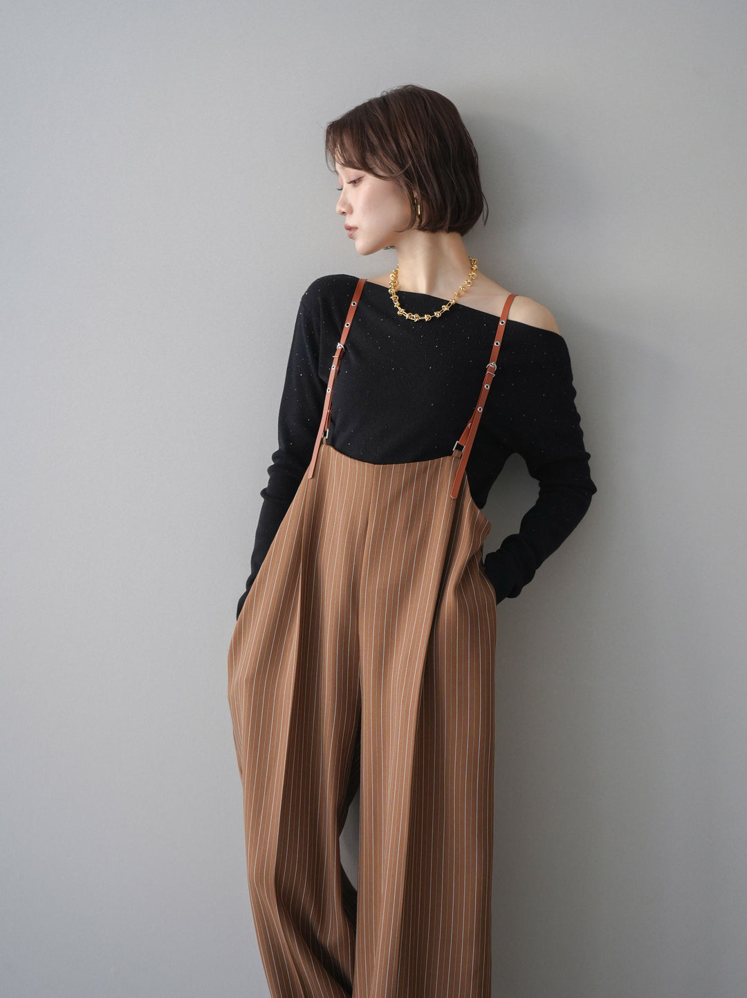 [予約]ヘリンボーンストライプサス付サロペット/goldbrown