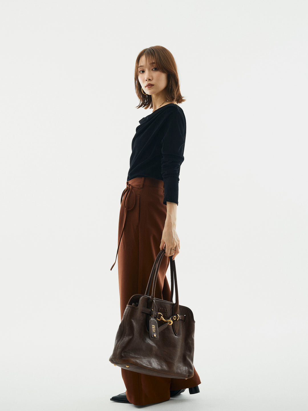 【Allure】[SET]シアーベロアタックデザイントップス+ラップデザインタックワイドパンツ(2set)