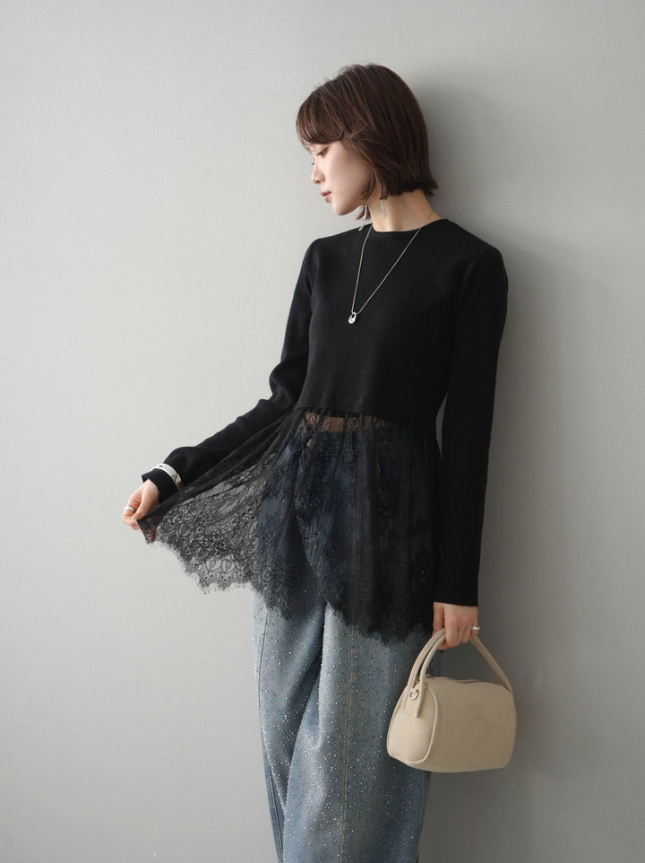 [SET]クルーネックレースドッキングリブニットトップス+フロントビジューカーブデニムパンツ(2set)