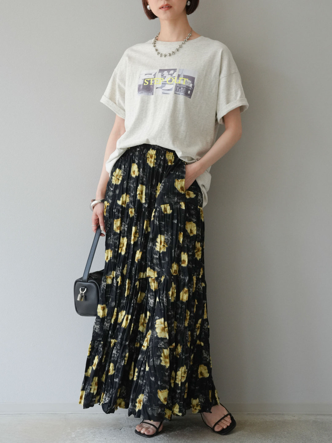 [SET]ネオンロゴコラージュフォトプリントオーバーTシャツ+フラワーワッシャーロングスカート(2set)