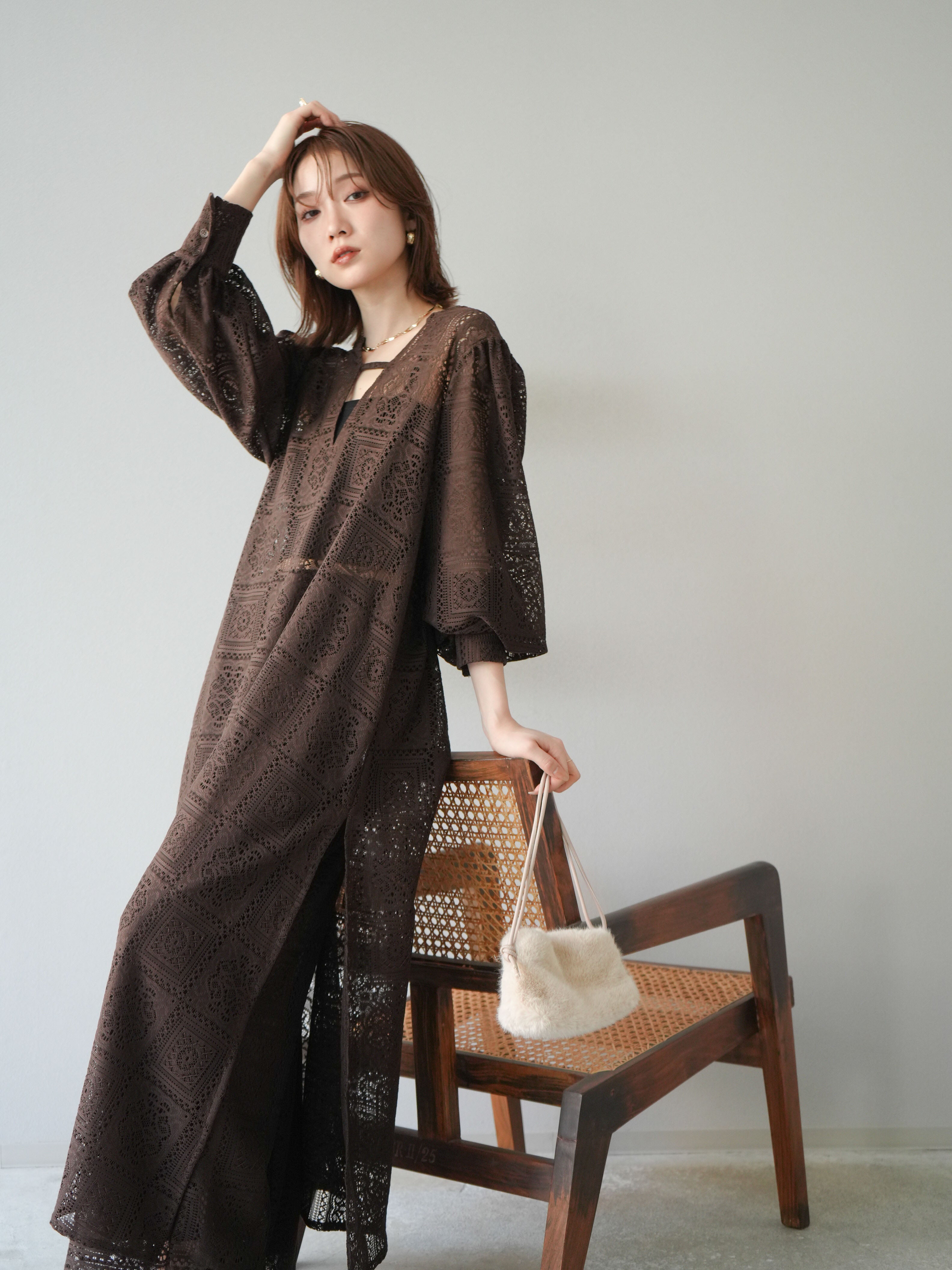 【クマコ】オーダーボリュームスリーブワンピース 予約]ブロックレースボリュームスリーブワンピース/ブラウン – Lumier