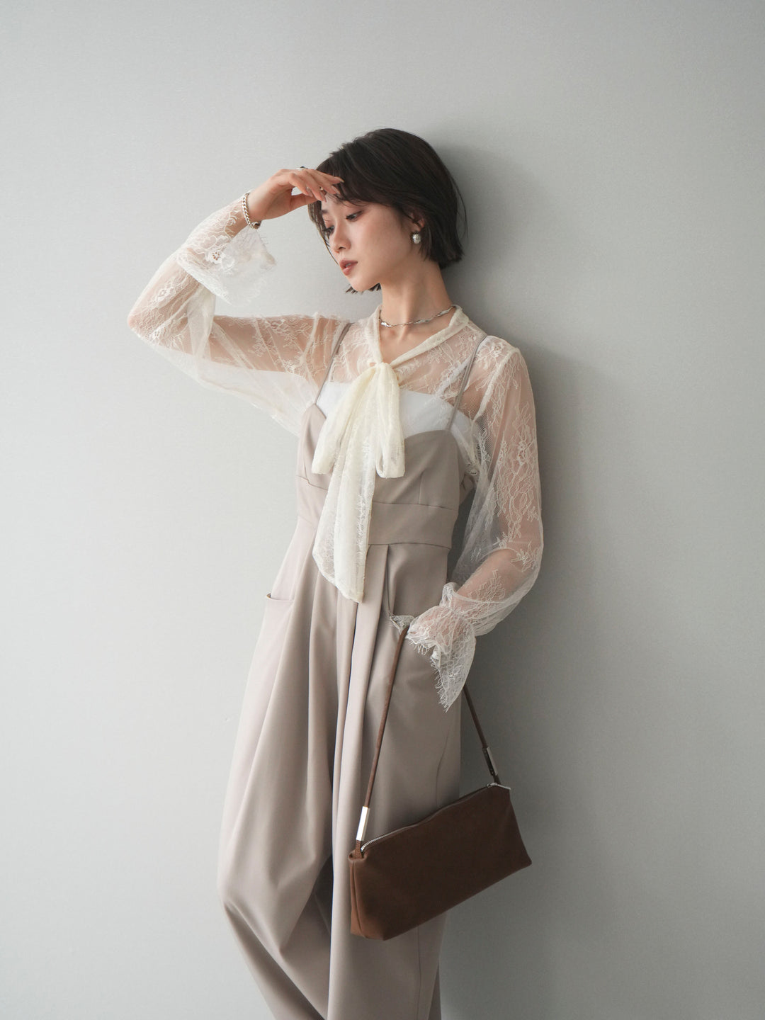 [SET]バックデザインサロペット+リバーレースボウタイトップス(2set)