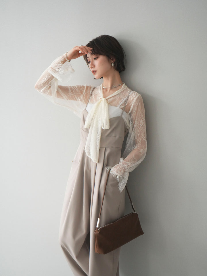 [SET]バックデザインサロペット+リバーレースボウタイトップス(2set)