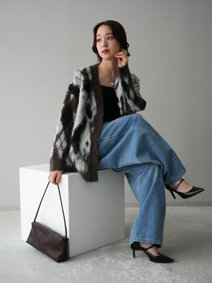 [予約]アーガイル柄シャギーニットカーディガン/brown