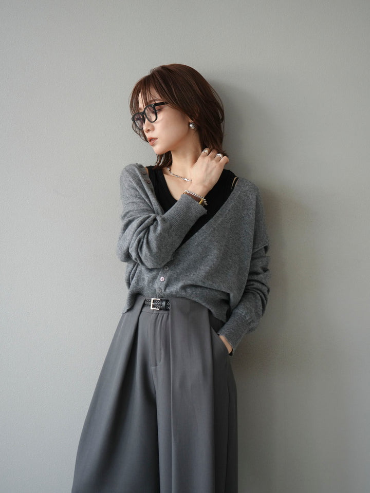 [SET]デザインボタンニットカーディガン＆タンクトップSET+ベルトループデザインワイドパンツ(2set)