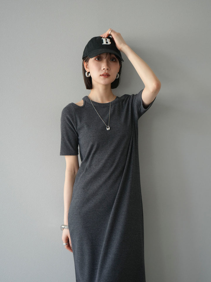 [予約]デザインネックカットリブワンピース/チャコール