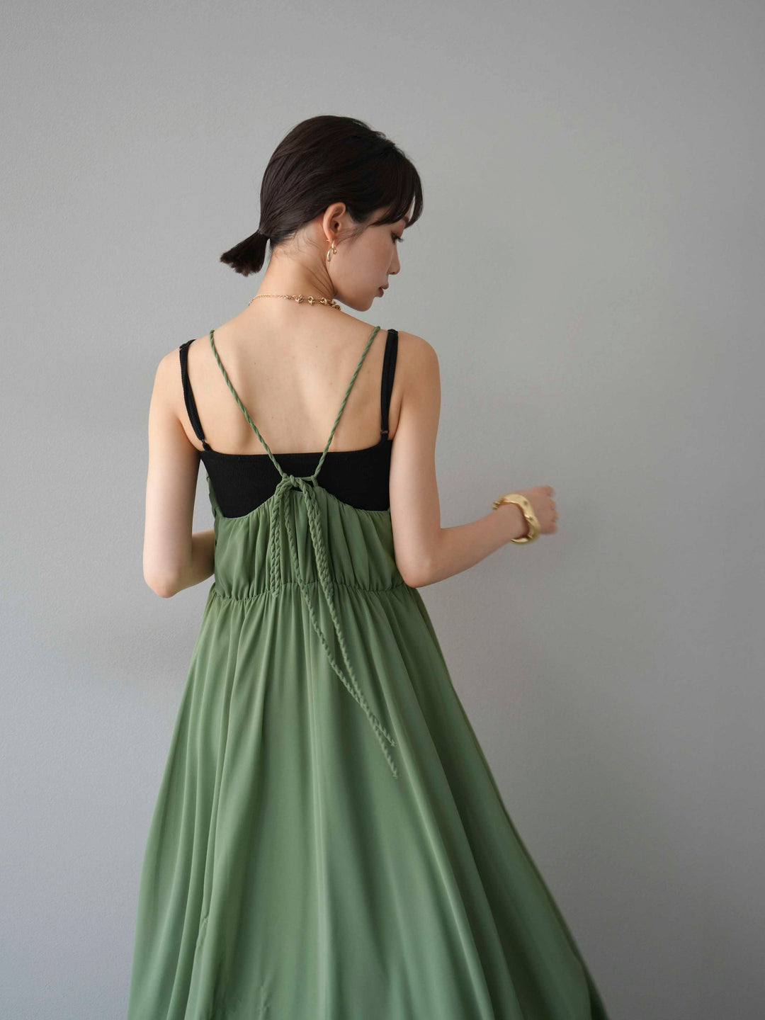 [予約]編み込みデザインシフォンワンピース/グリーン