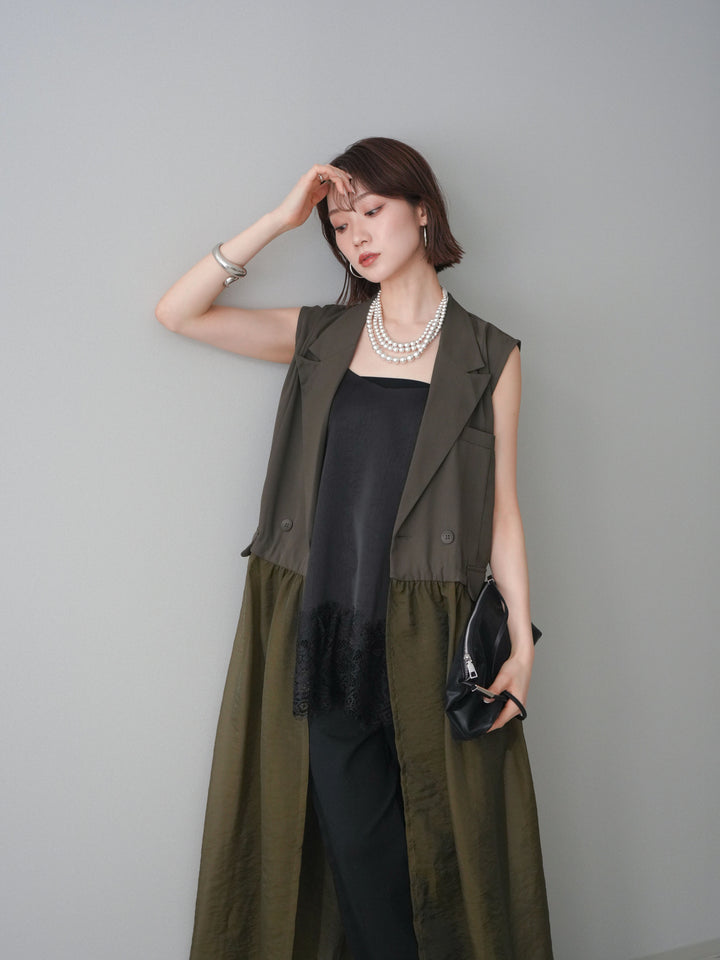 [SET]シアーレイヤードテーラードロングジレ+レーストリムキャミソール+2WAYデザインスウェットパンツ(3set)