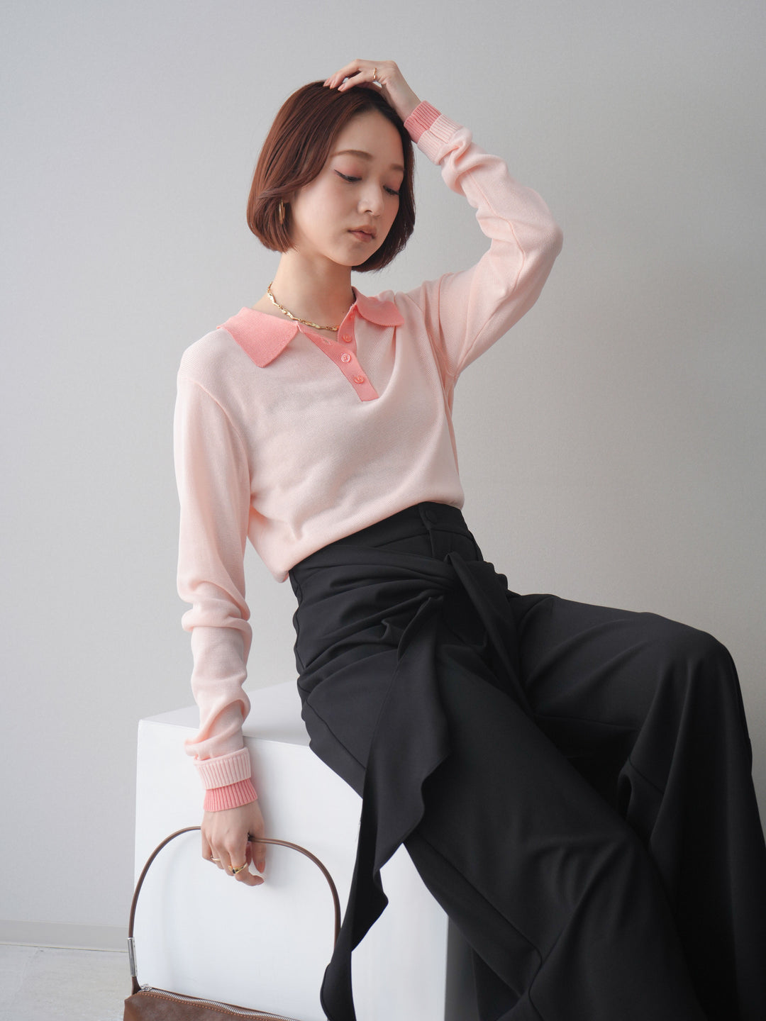 [SET]配色デザインシアーポロニット+ラッフルベルトワイドパンツ(2set)