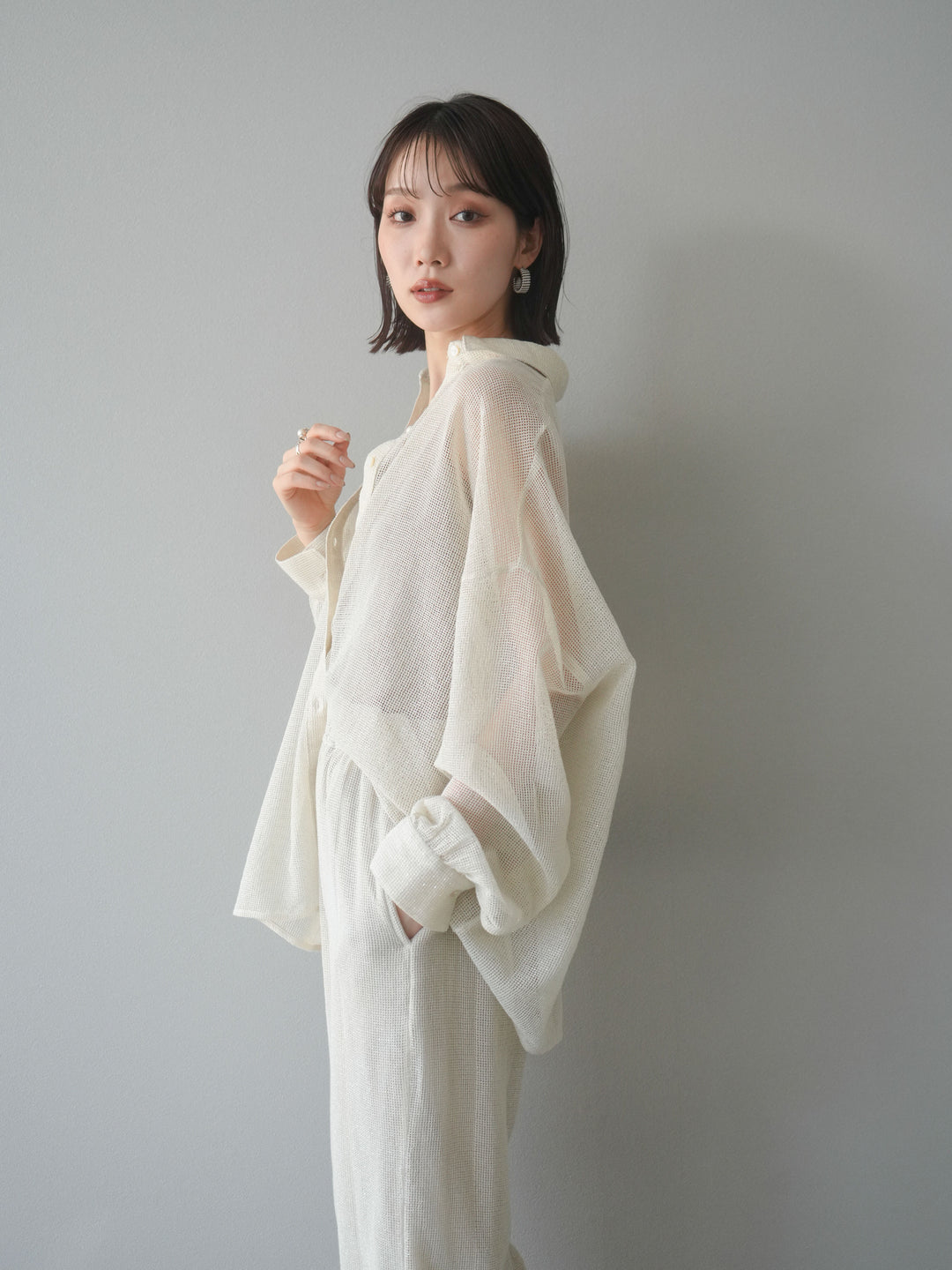 [予約]コットンラメメッシュオーバーシャツ/アイボリー