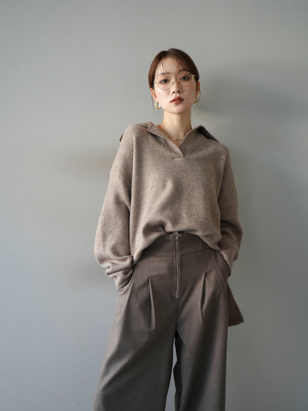 [予約]スキッパーオーバーニットプルオーバー/greige