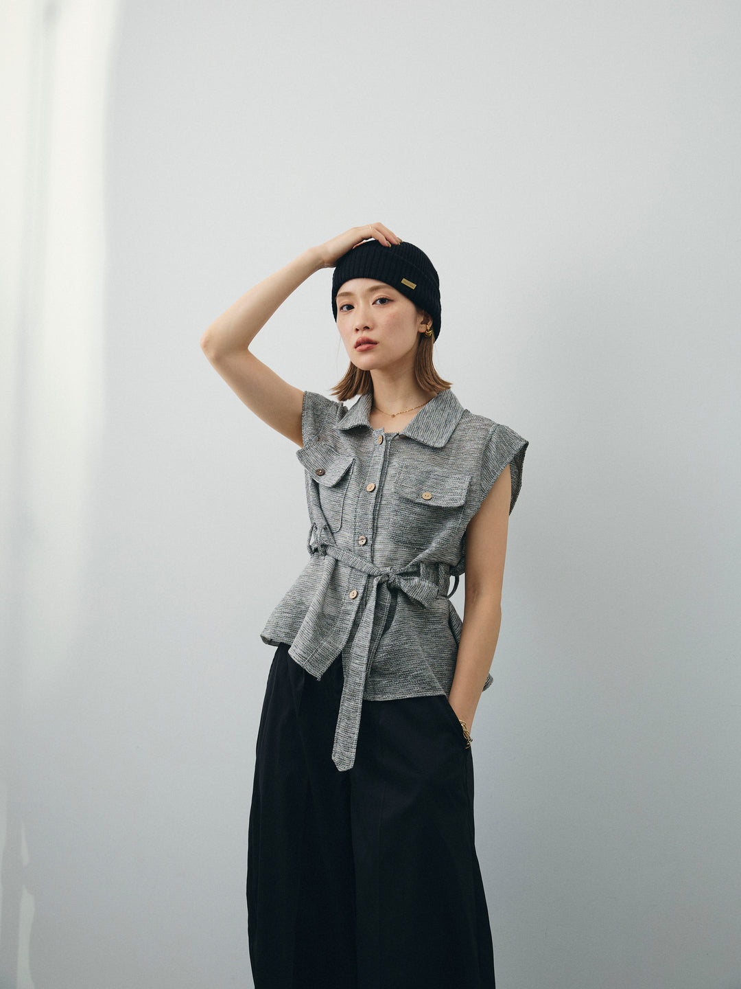 [SET]ミックスヤーンメッシュブラウス+コクーンワイドチノパンツ(2set)