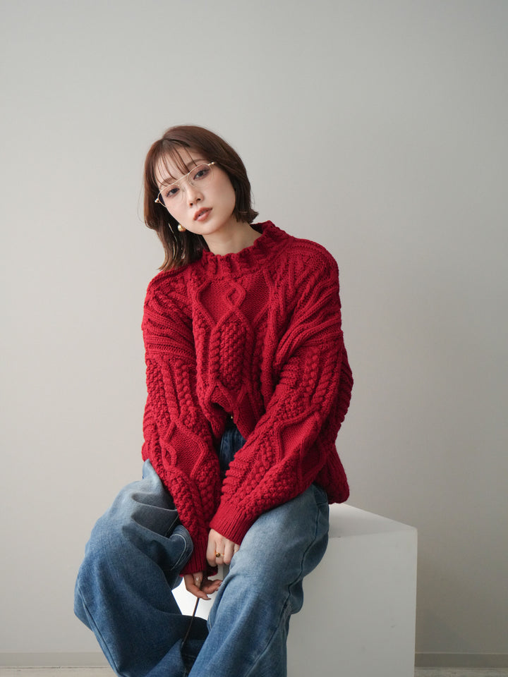 [予約]ケーブル編みモックネックニットプルオーバー/red