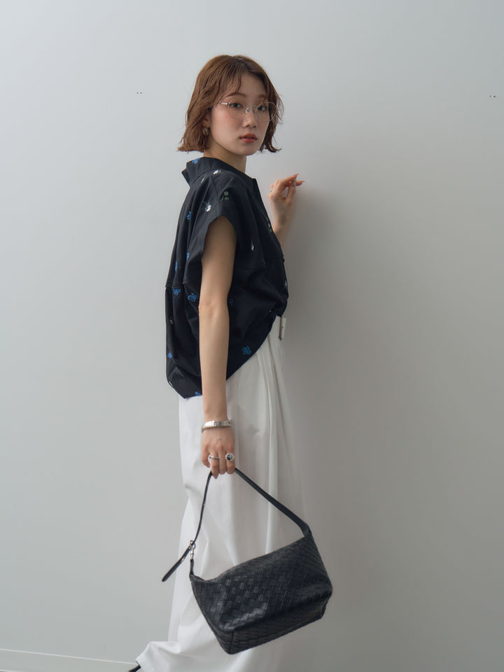 【套裝】花卉刺繡燈籠無袖襯衫+腰帶設計環扣闊腿褲（兩件套）