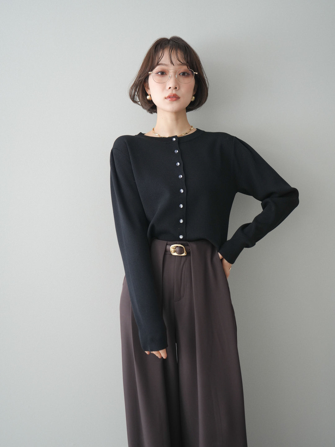 [予約]クリアボタンタックニットカーディガン/black