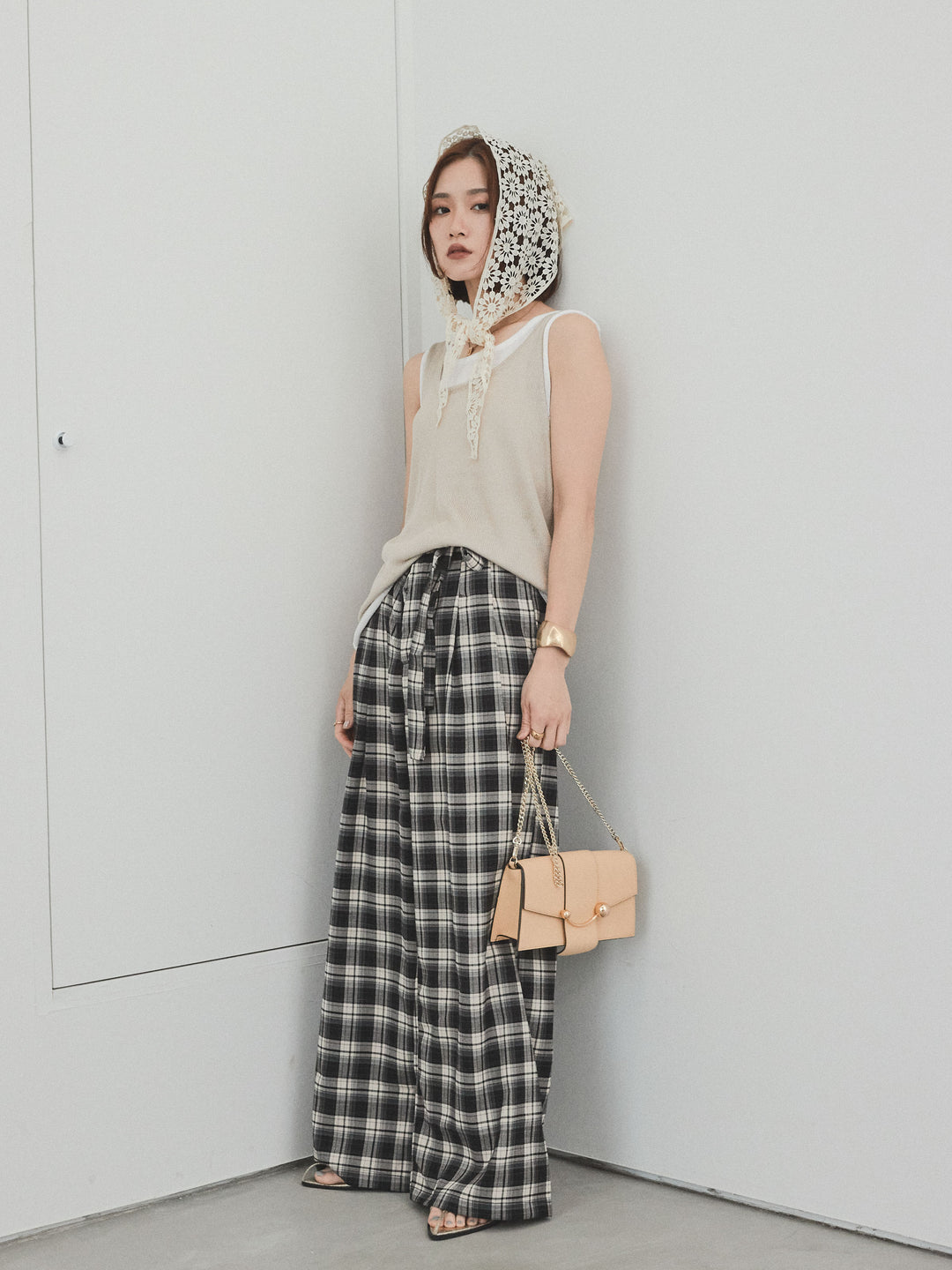 【SET】雙色疊穿針織背心+格紋寬褲（2套）