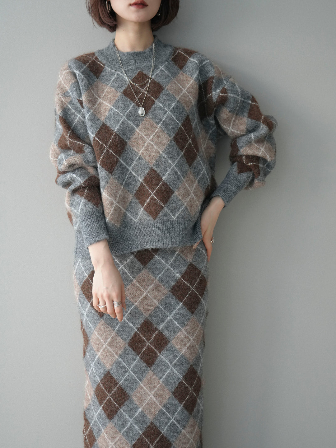 [SET]アーガイルニットプルオーバー&ロングスカートSET UP+選べるアクセセット(2set)