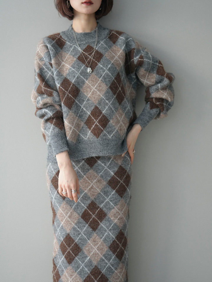 [SET]アーガイルニットプルオーバー&ロングスカートSET UP+選べるアクセセット(2set)