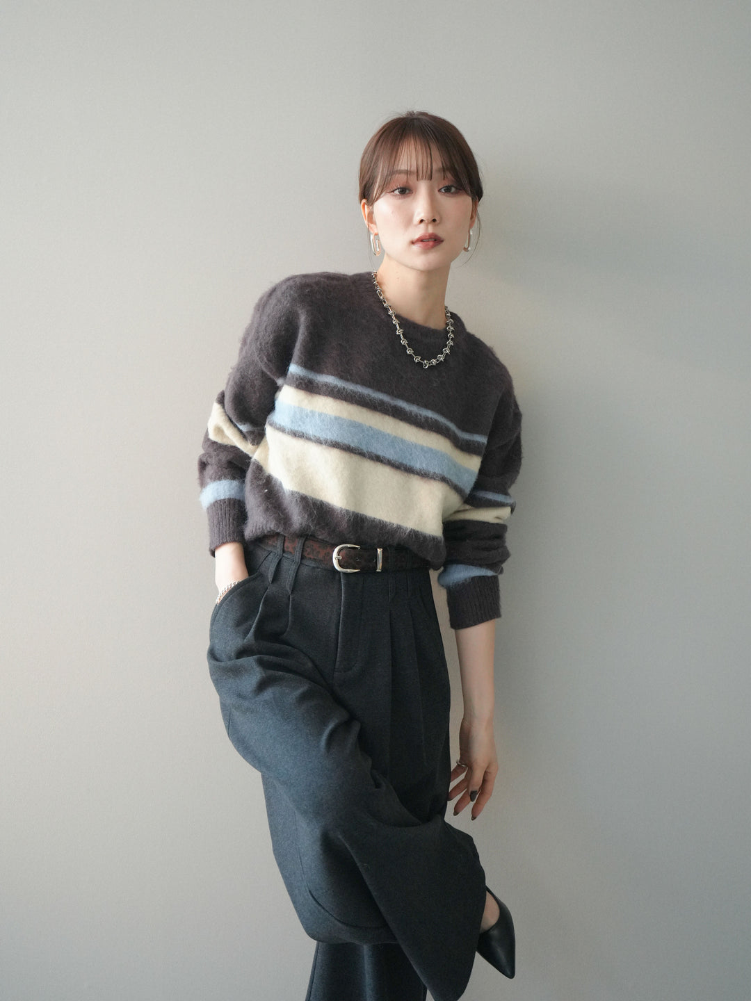 [予約]ソフトタッチボーダークロップドニットプルオーバー/brown