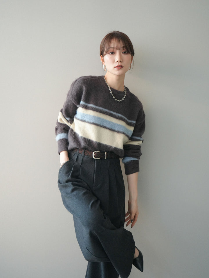 [予約]ソフトタッチボーダークロップドニットプルオーバー/brown