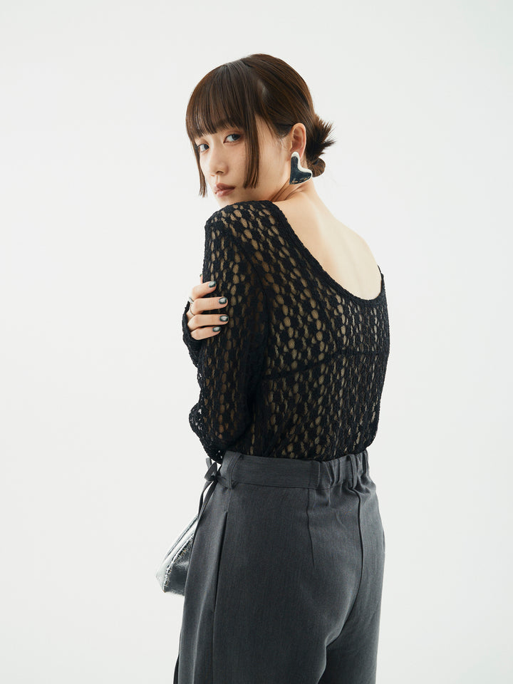 【Allure】[SET]バックラウンドレーストップス+ラップデザインタックワイドパンツ(2set)